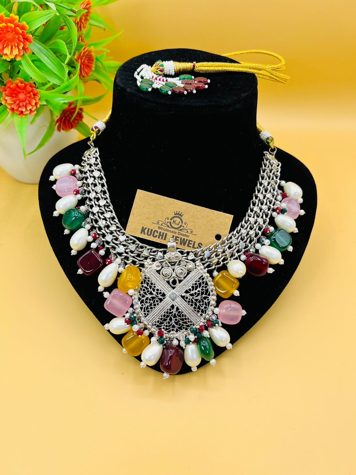 Lovely Beads Necklace Set in Meena Jhumki Pendant – Siri Jewellery